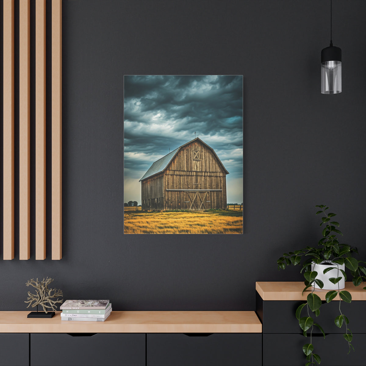 Classic Wooden Barn Beneath Rolling Clouds Wall Art & Canvas Prints