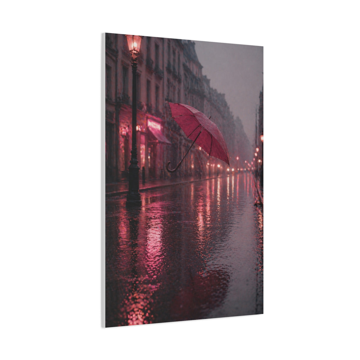 Romantic Pink Rain Street Reflection Wall Art & Canvas Print