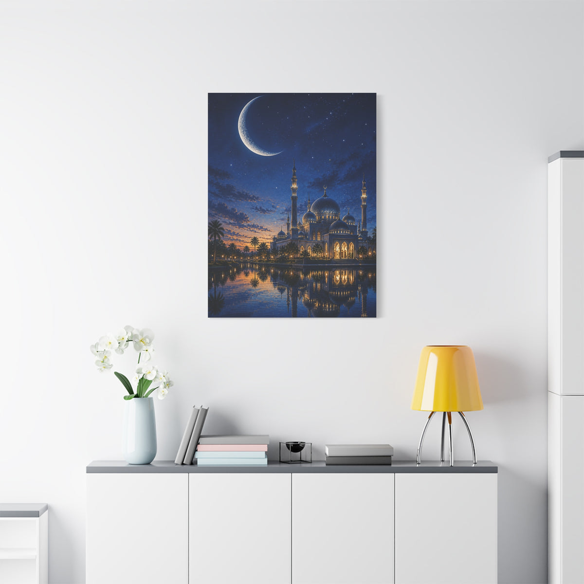 Crescent Moon Mosque Reflection Wall Art & Canvas Print