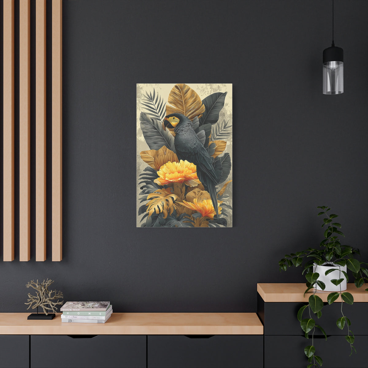 Black and Gold Tropical Parrot Wall Art & Canvas Print