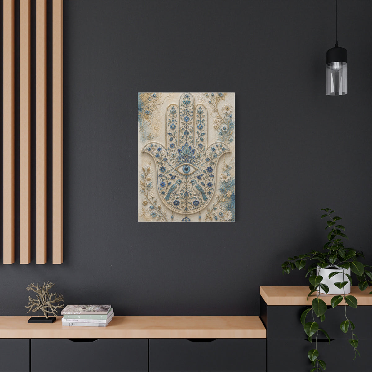 Blue Floral Hamsa Sacred Symbol Wall Art & Canvas Print