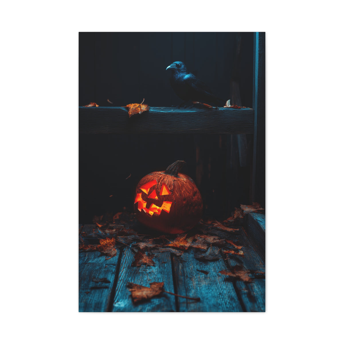 Jack-O’-Lantern and Crow on Moonlit Porch Wall Art & Canvas Print