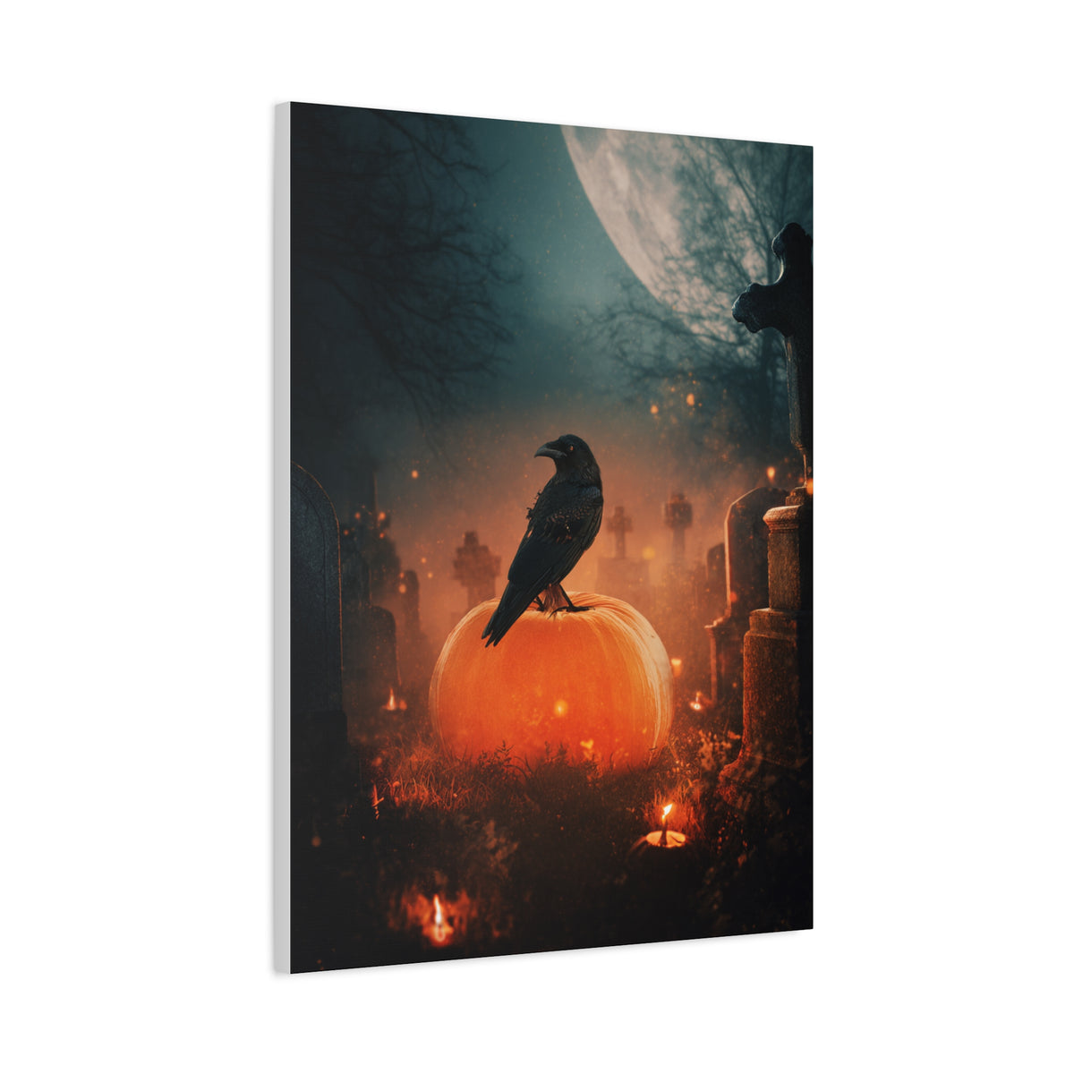 Crow on Pumpkin in Moonlit Graveyard Wall Art & Canvas Print