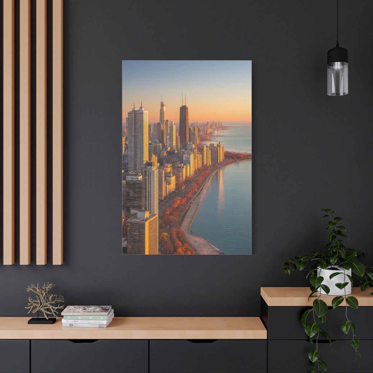 Chicago Skyline Autumn Sunset Along Lake Michigan Wall Art & Canvas Print