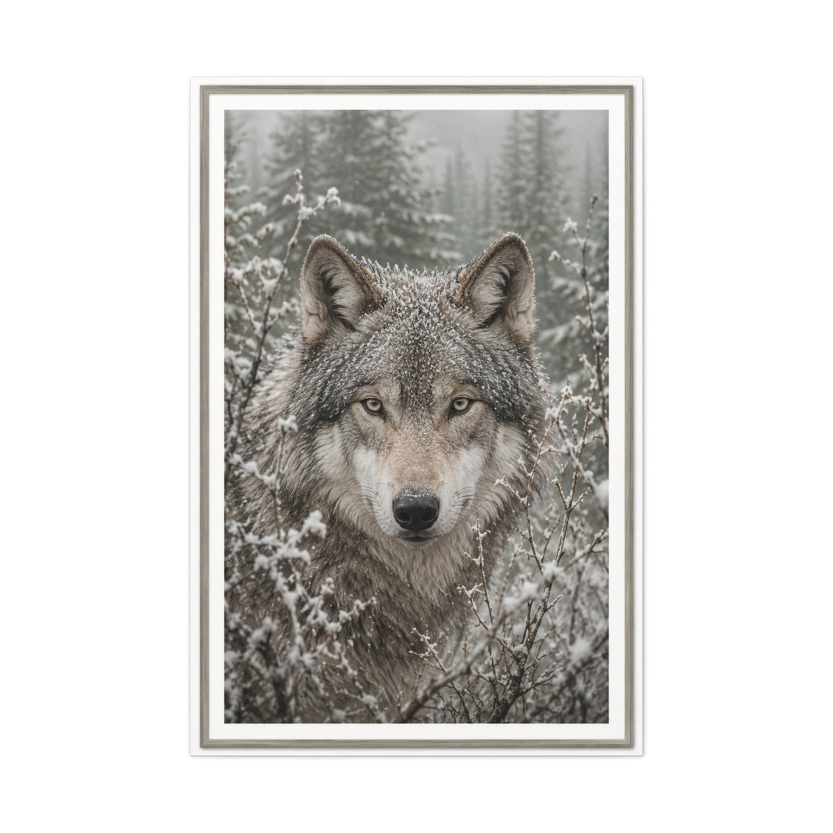 Snow Forest Gray Wolf Framed Portrait Wall Art & Canvas Print