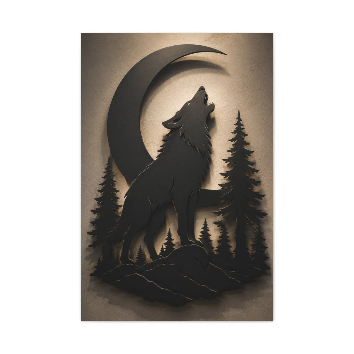 Matte Black Howling Wolf Moon Silhouette Wall Art & Canvas Print