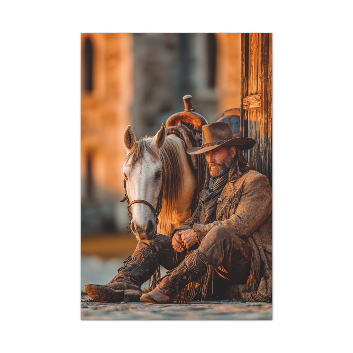 Cowboy Resting Beside His Horse Wall Art & Canvas Print