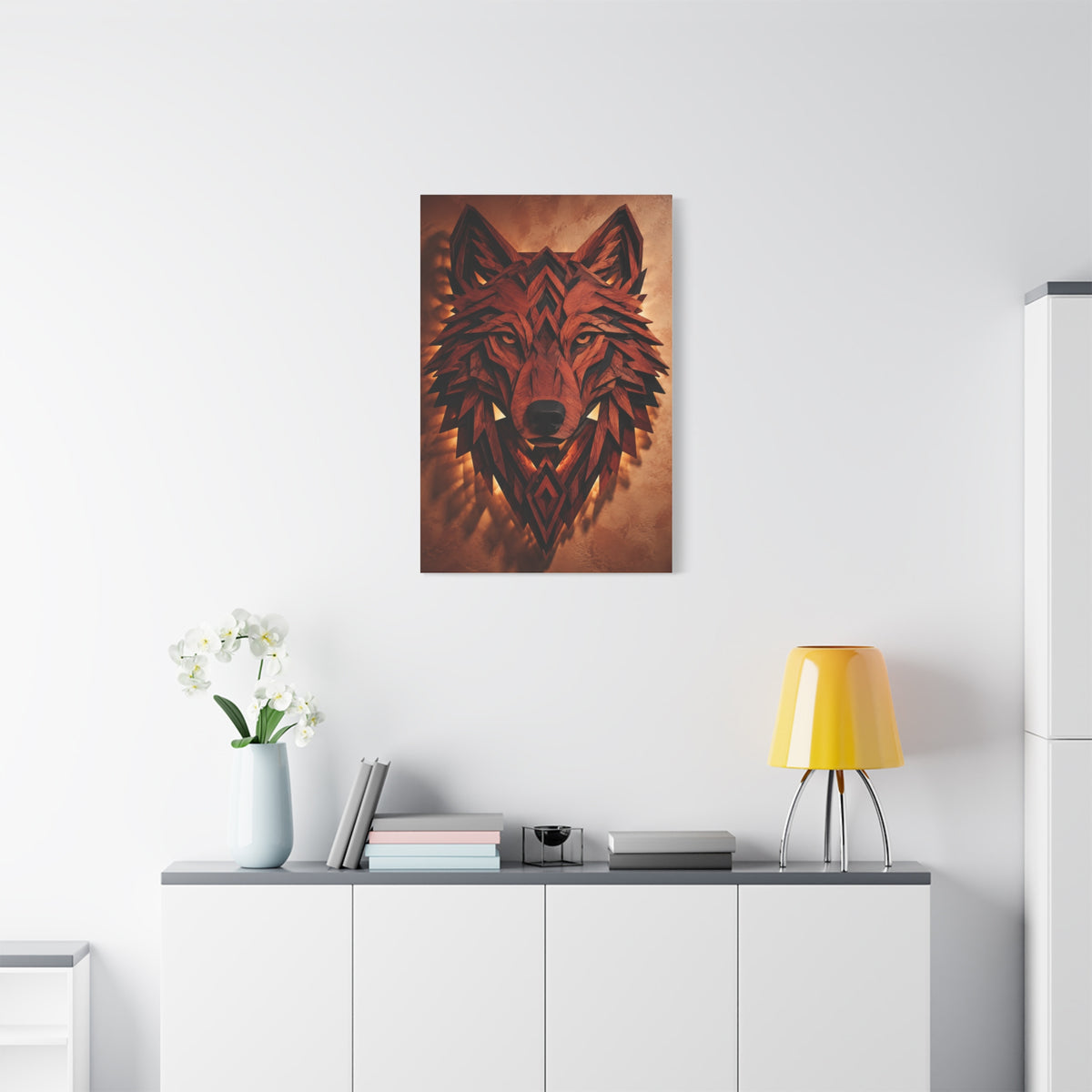 Geometric Carved Wood Wolf Head Sculpture Wall Art & Canvas Print