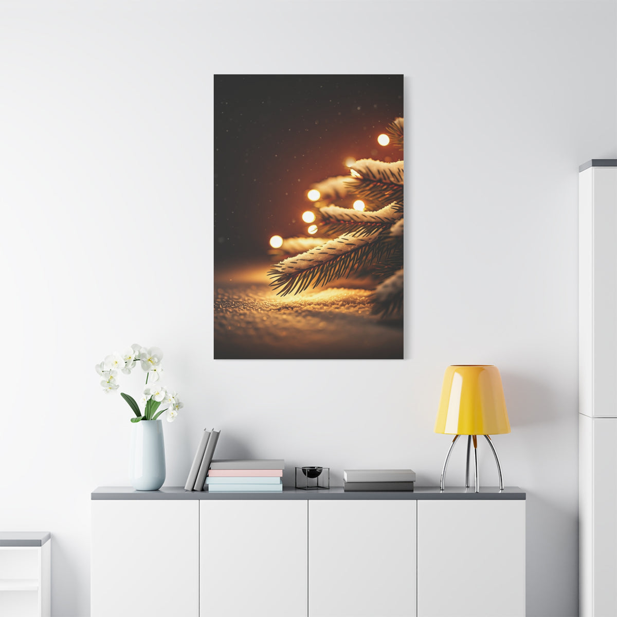 Snowy Pine Branch Fairy Lights Wall Art & Canvas Print