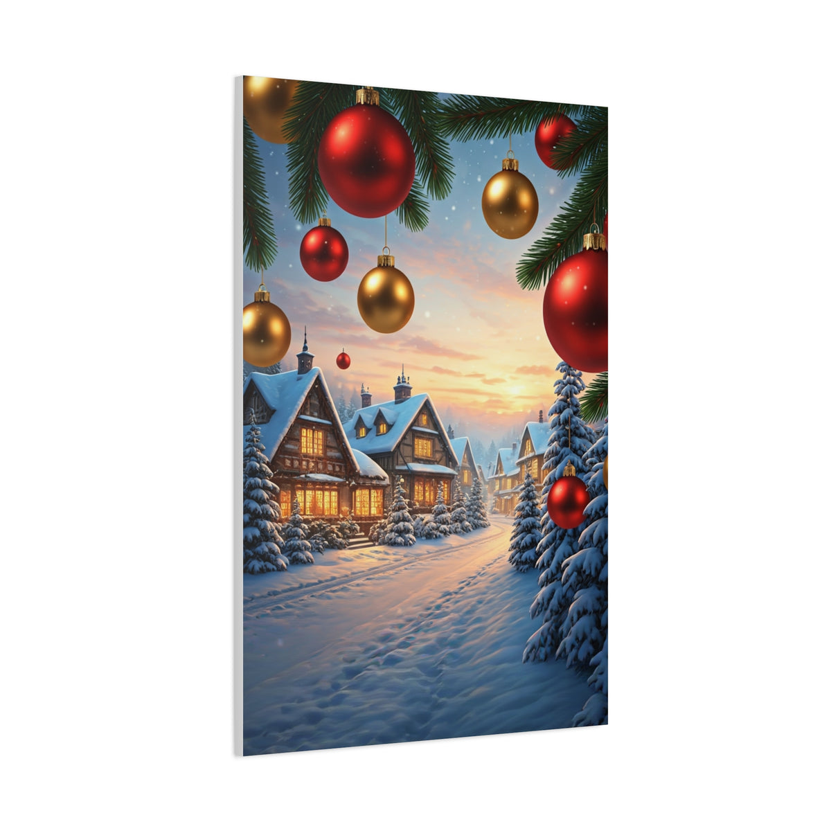 Snowy Christmas Village With Festive Ornaments Wall Art & Canvas Print