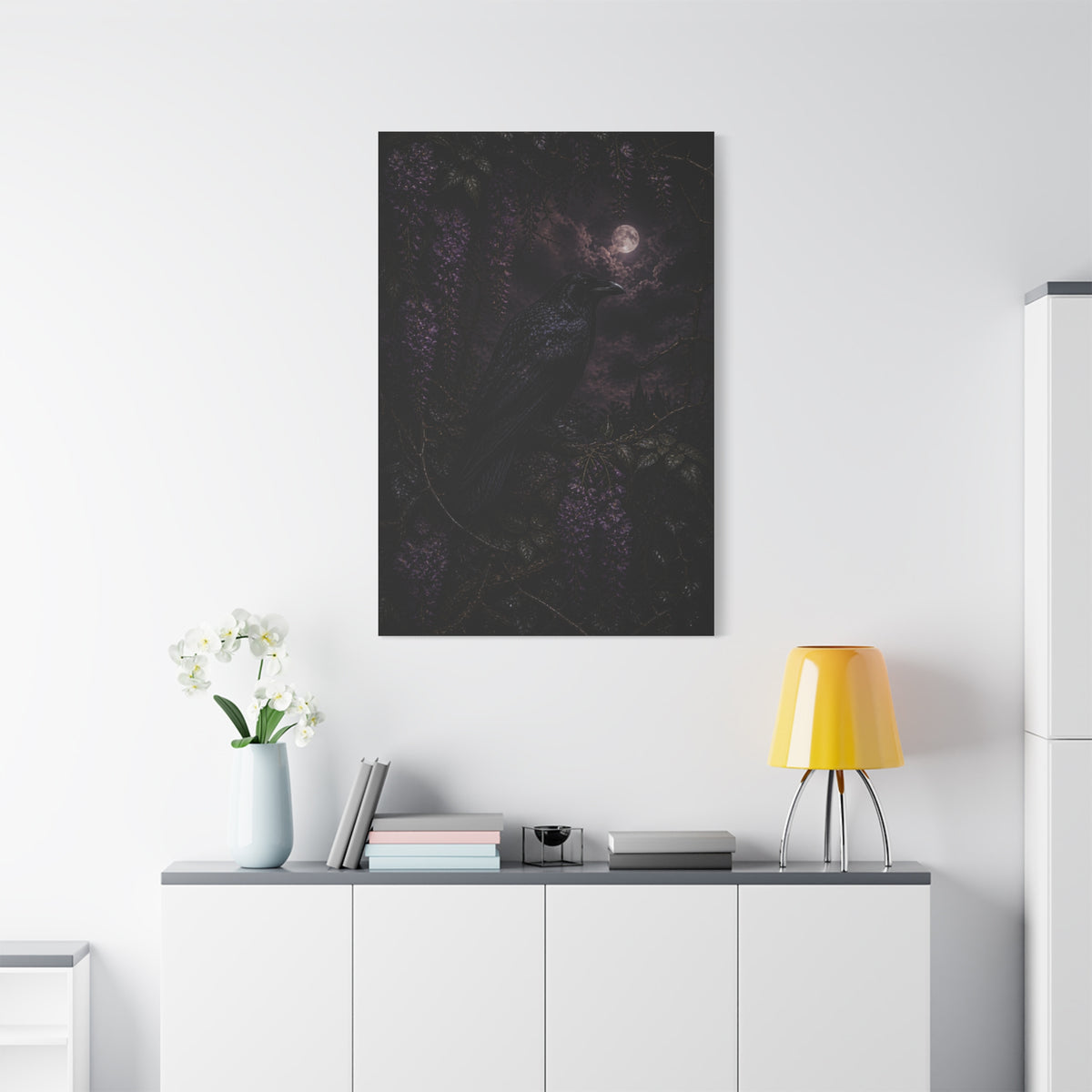 Raven in Wisteria Moonlit Scene Wall Art & Canvas Print