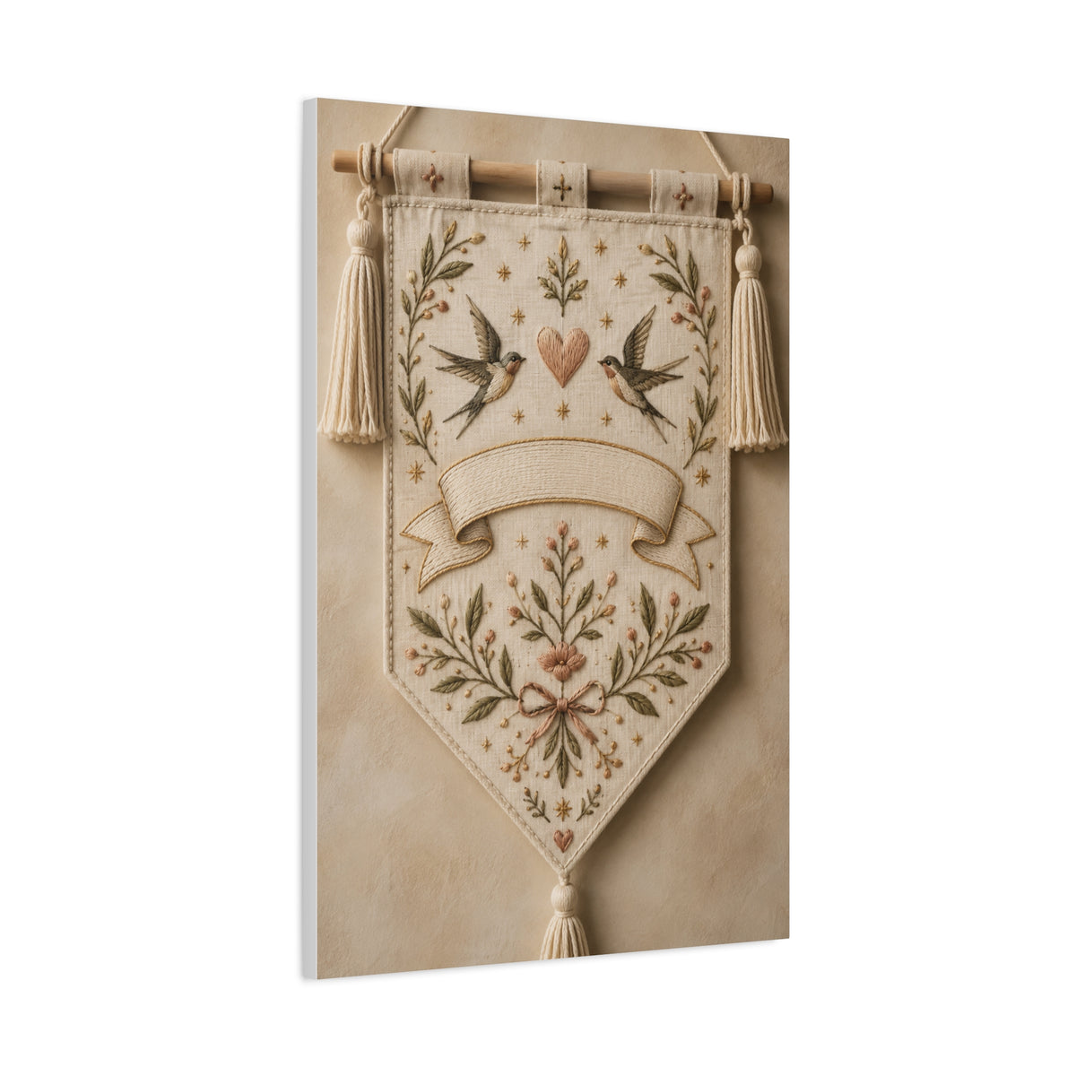 Hand-Embroidered Romantic Birds Textile Wall Art & Canvas Print
