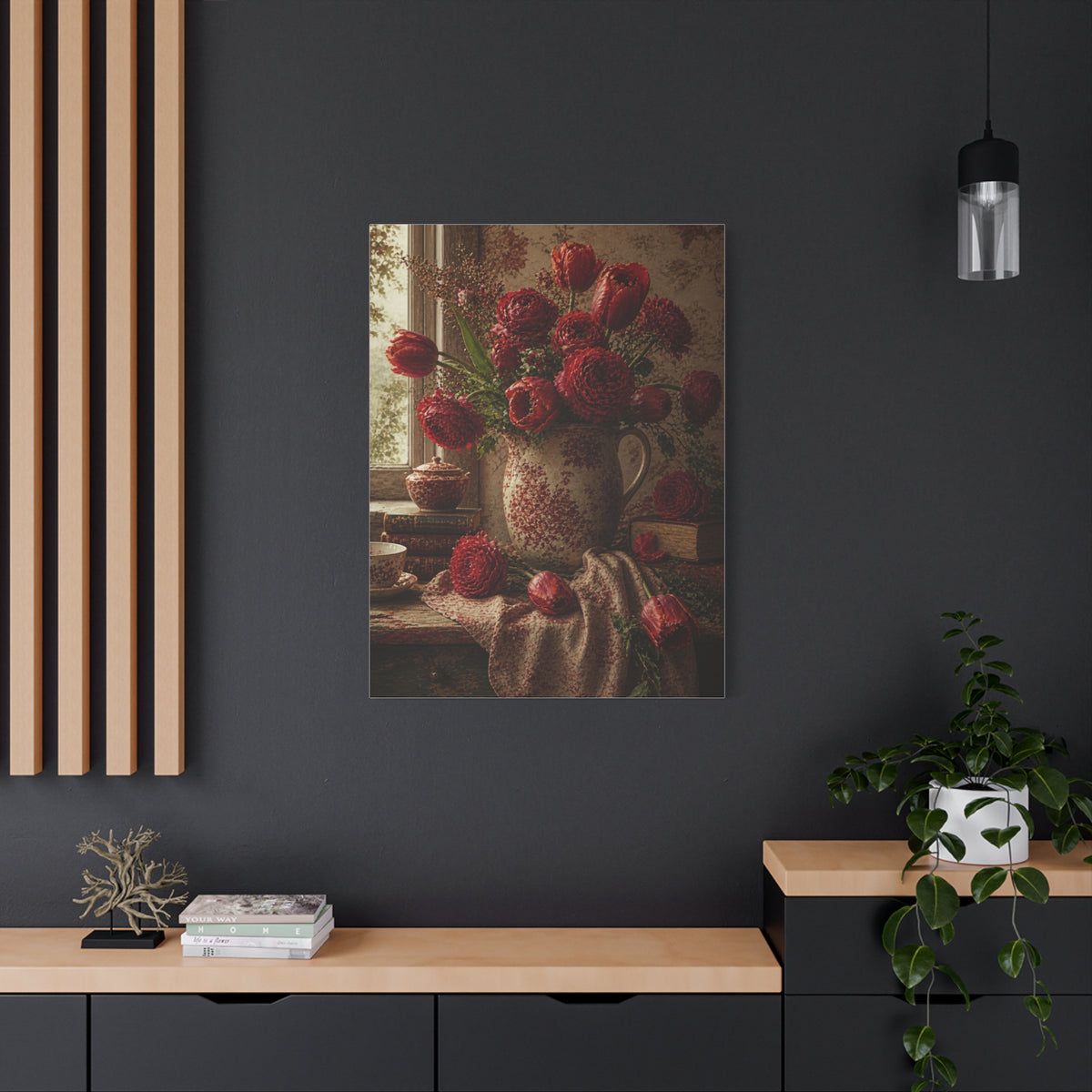 English Cottage Red Floral Still Life Wall Art & Canvas Print