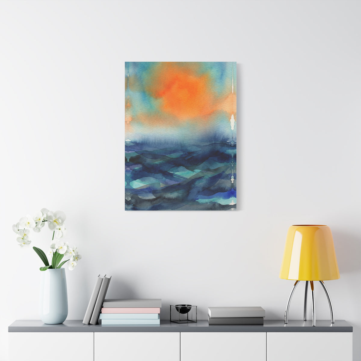 Abstract Orange Sky Over Watercolor Landscape Wall Art & Canvas Print