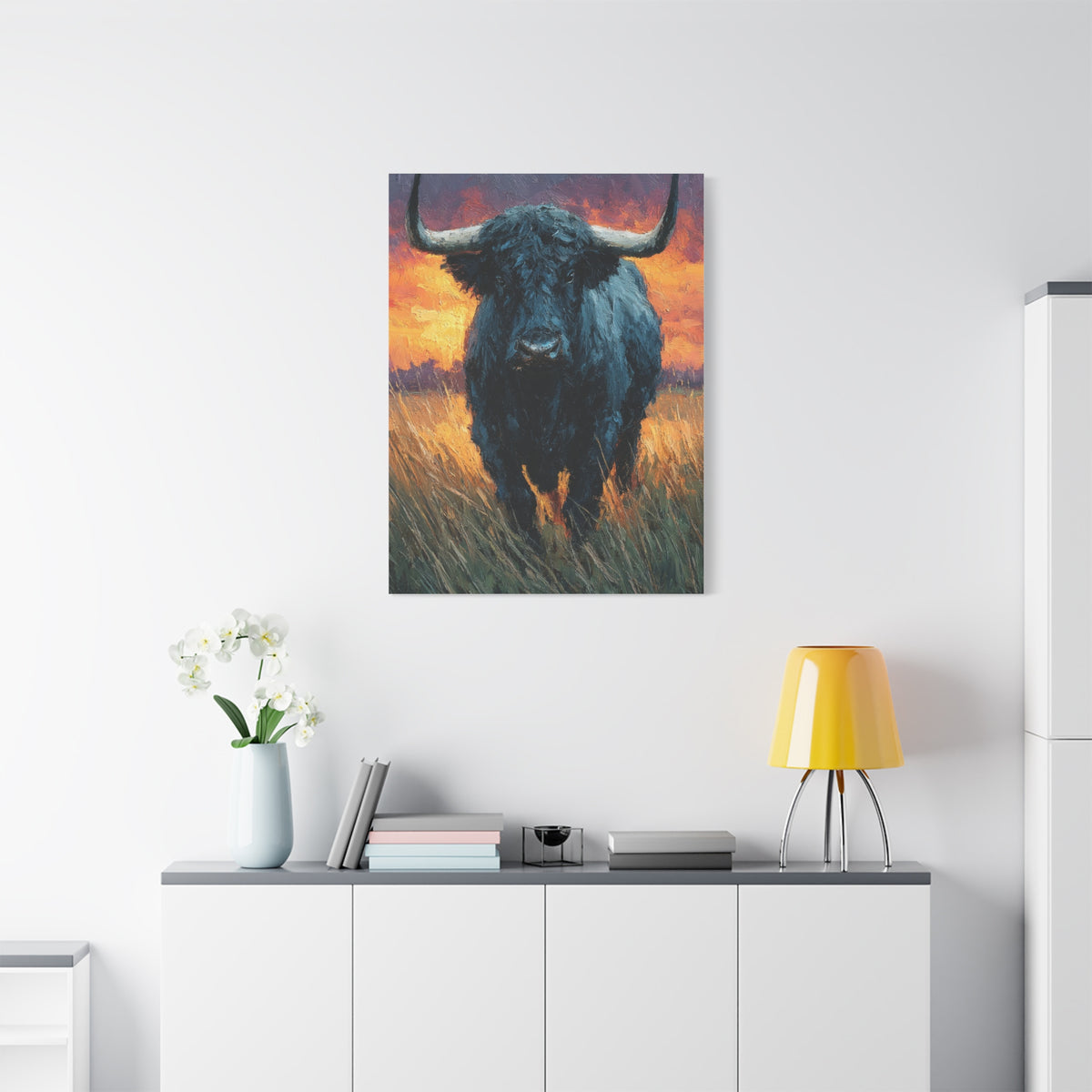 Majestic Bull at Sunset Oil Painting Wall Art & Canvas Print