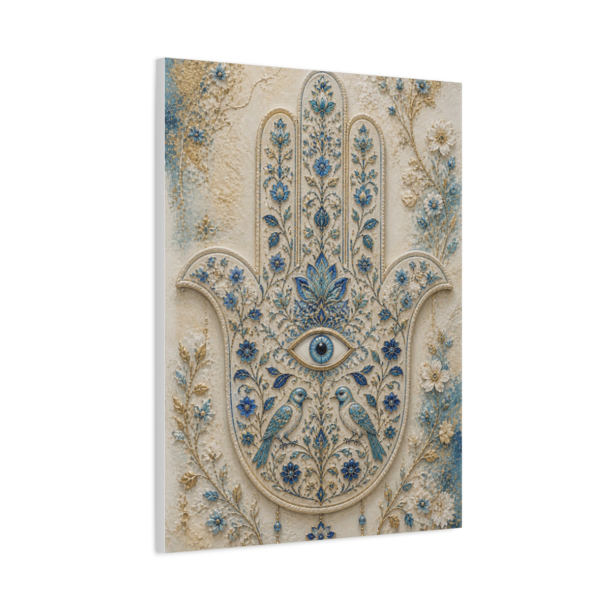 Blue Floral Hamsa Sacred Symbol Wall Art & Canvas Print