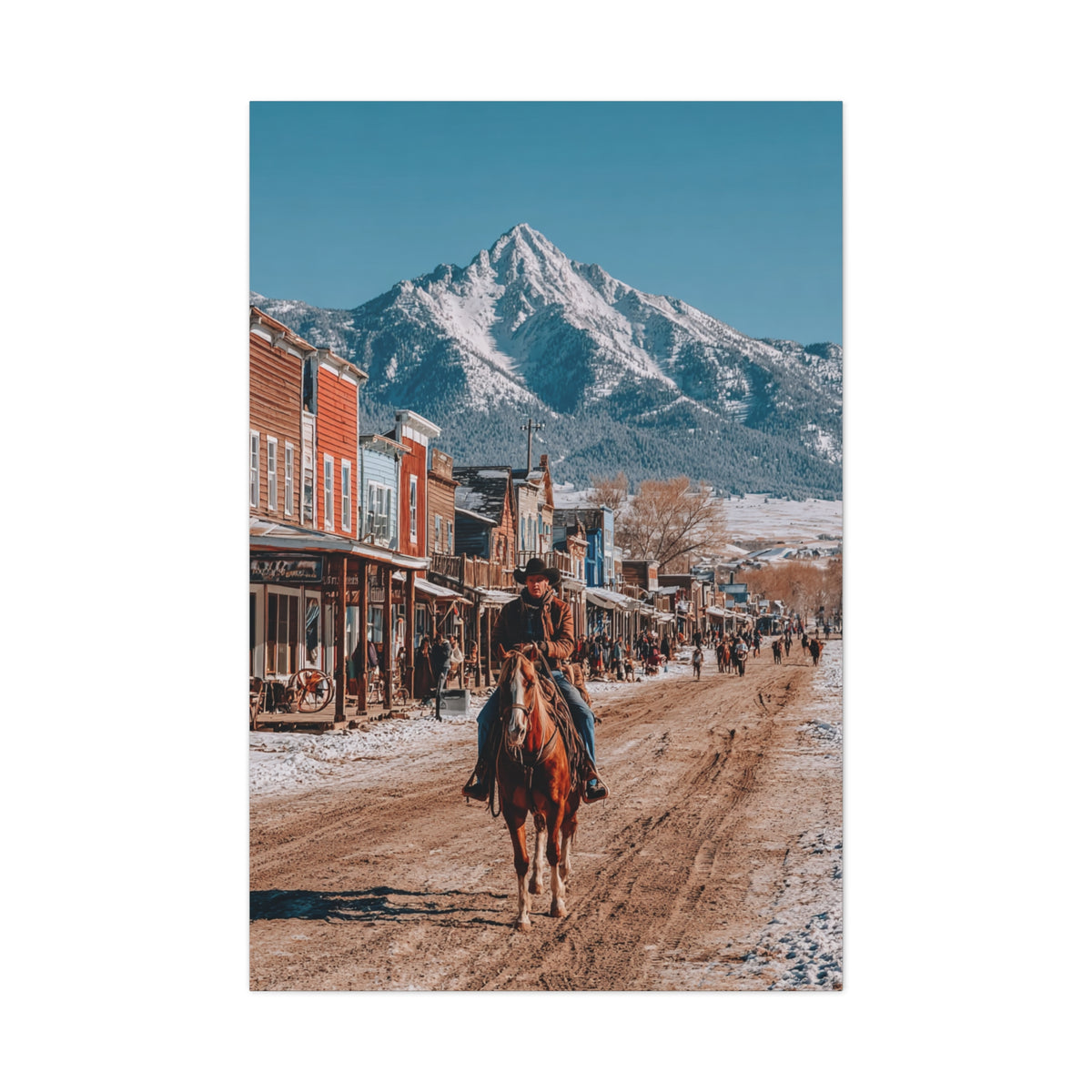 Cowboy Riding Through a Frontier Mountain Town Wall Art & Canvas Print