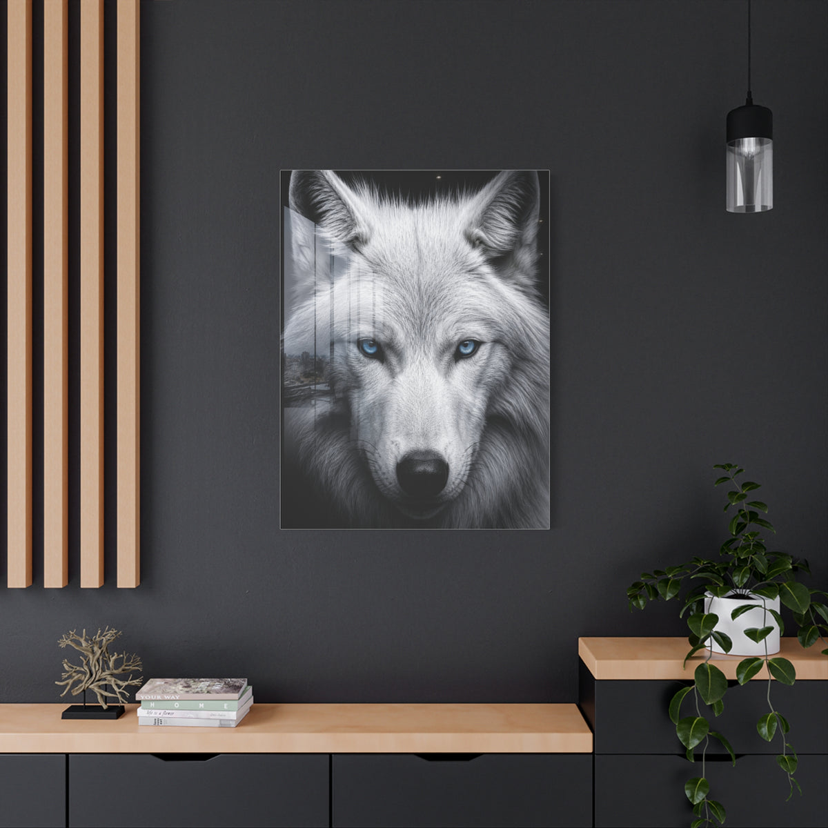 White Wolf Blue Eyes Monochrome Portrait Wall Art & Canvas Print