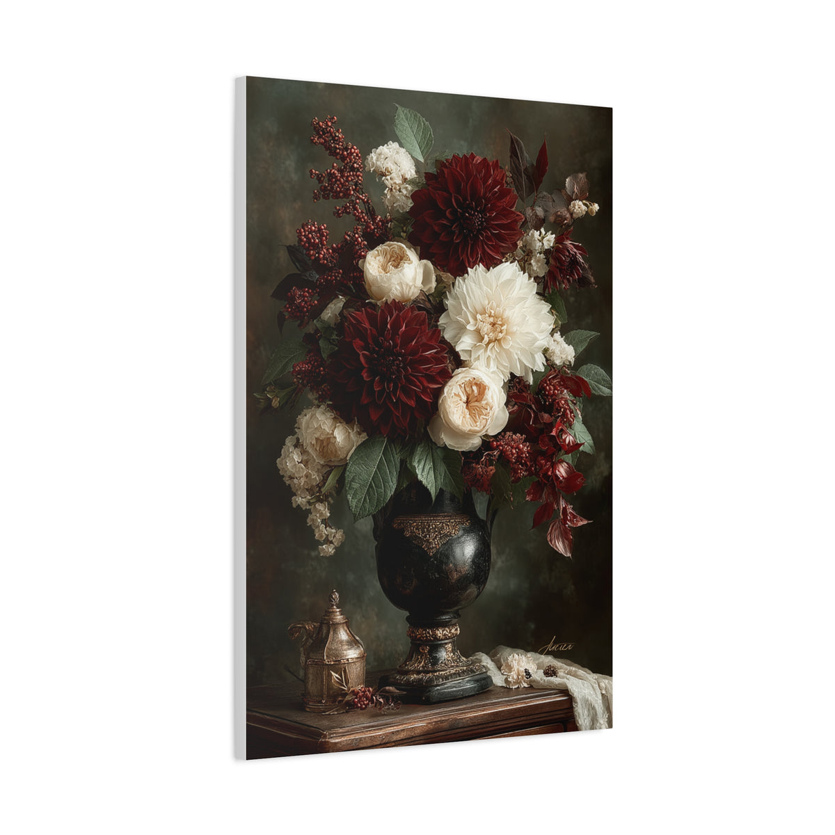 Burgundy Dahlia Floral Still Life Wall Art & Canvas Print