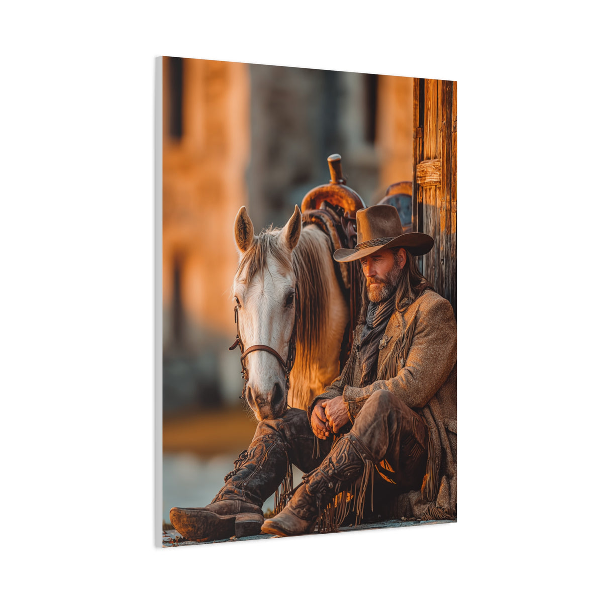 Cowboy Resting Beside His Horse Wall Art & Canvas Print