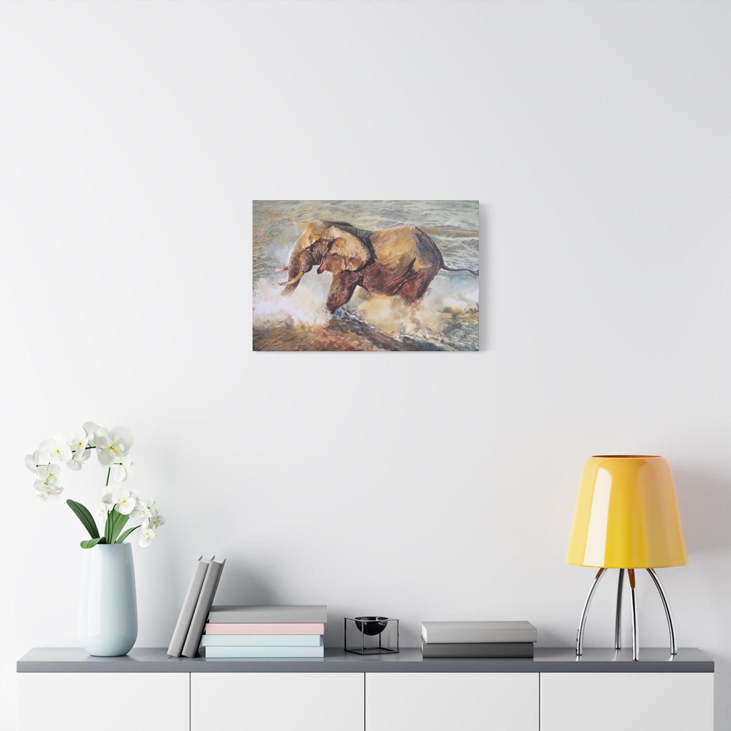 Bathing Elephant Wildlife Painting Wall Art & Canvas Prints