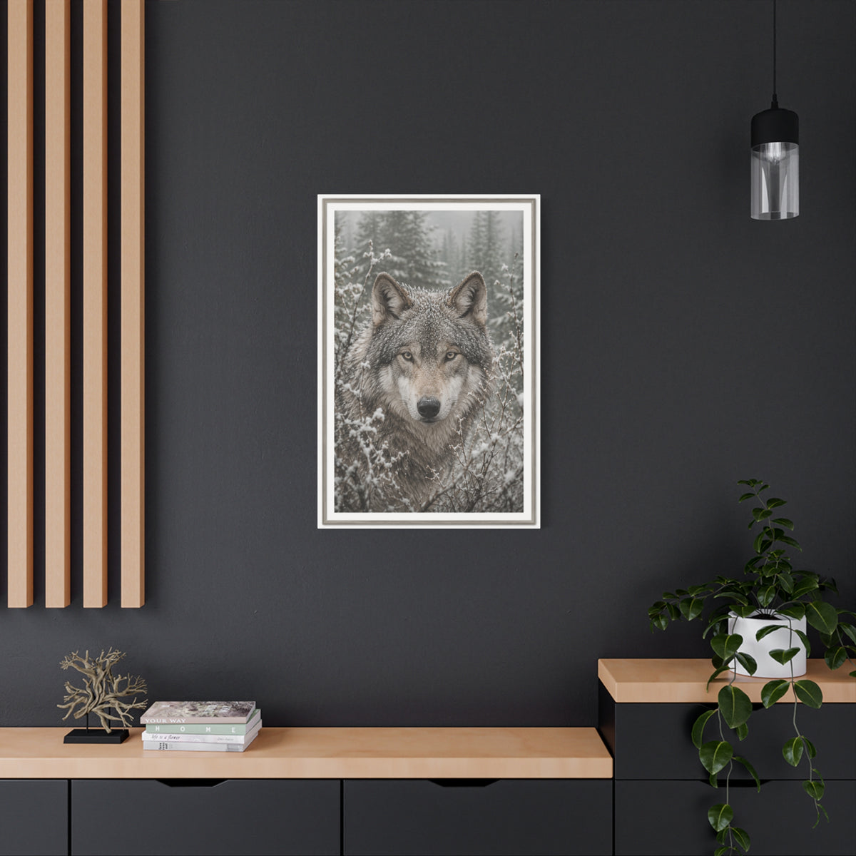 Snow Forest Gray Wolf Framed Portrait Wall Art & Canvas Print