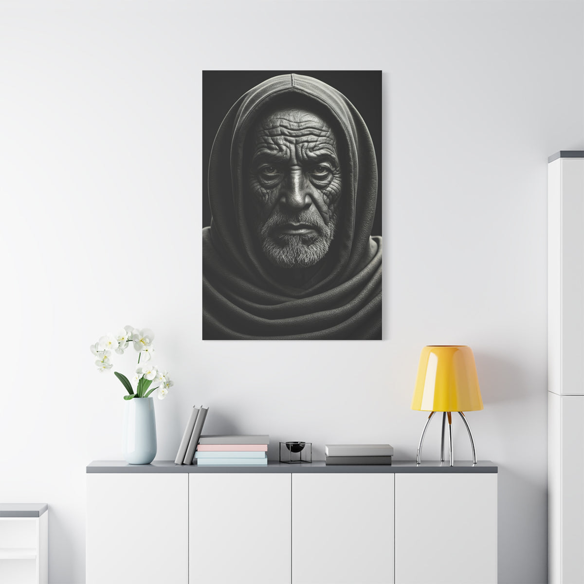 Hooded Elder with Timeless Expression Wall Art & Canvas Prints