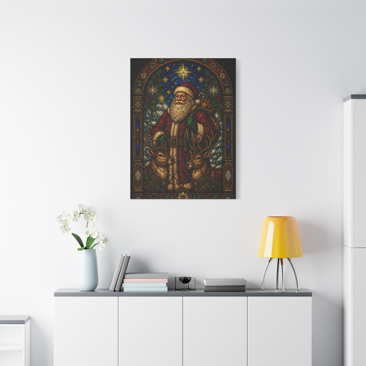 Stained Glass Santa and Reindeer Wall Art & Canvas Print