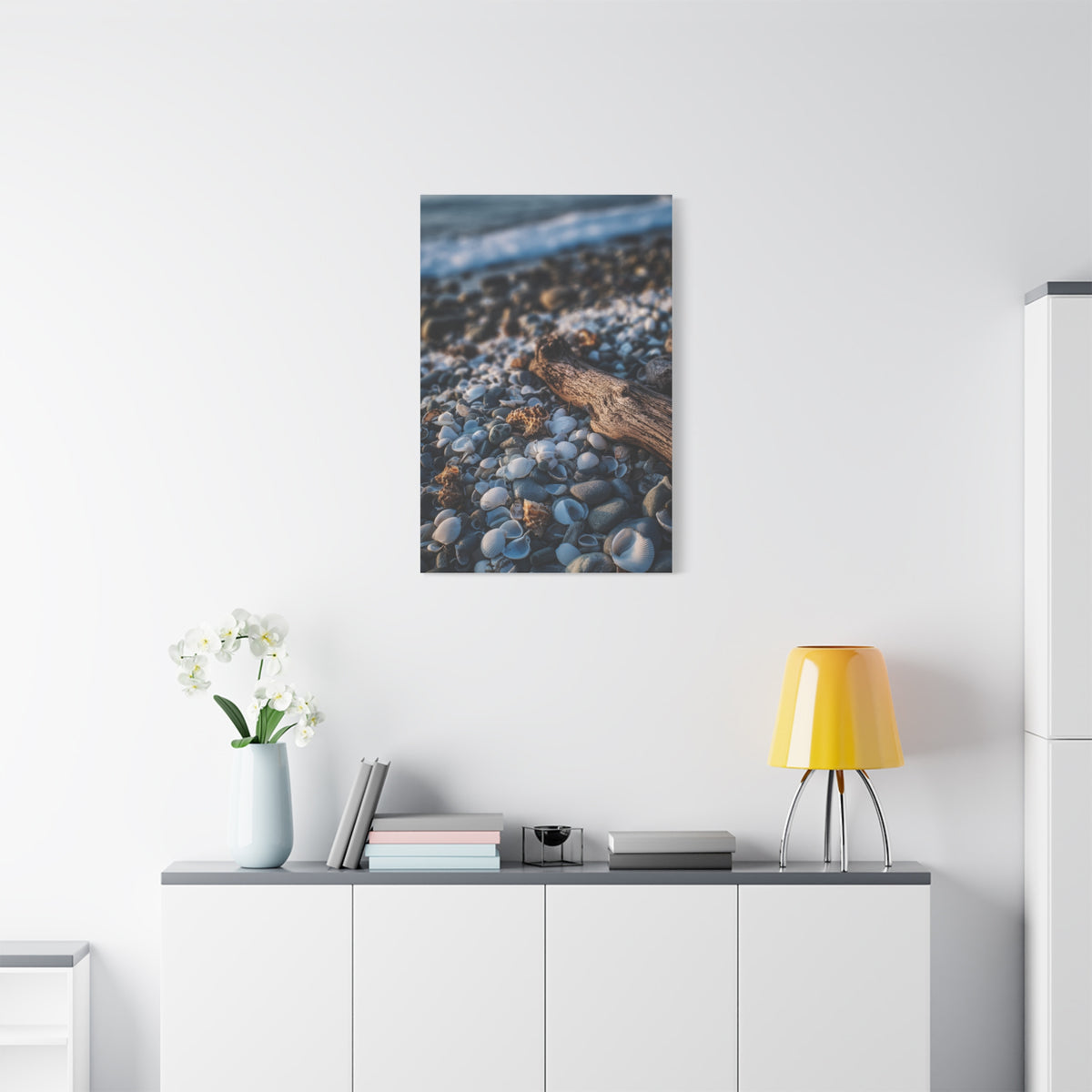 Rocky Shoreline with Seashells and Driftwood Wall Art & Canvas Print