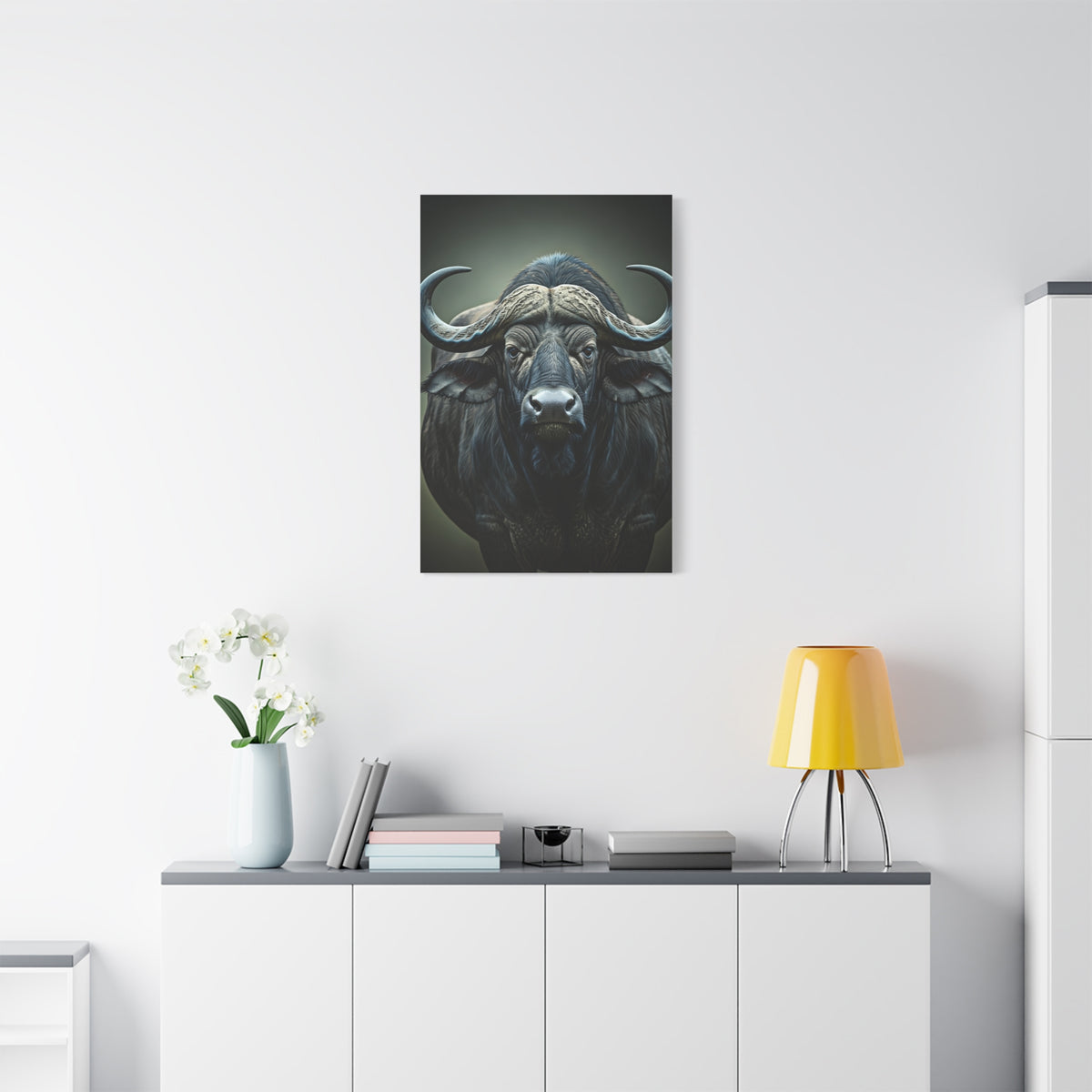 Dark Forest Buffalo with Dramatic Shadow Contrast Wall Art & Canvas Print