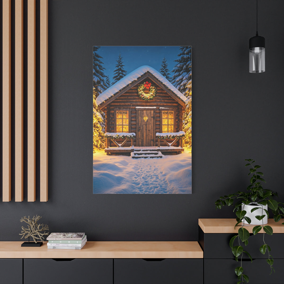 Cozy Snowy Christmas Cabin Among Pine Trees Wall Art & Canvas Print
