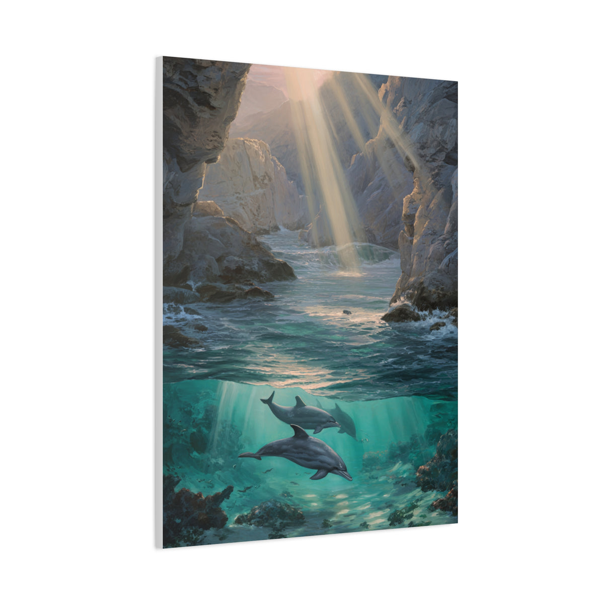 Dolphins Swimming Beneath Sunlit Coastal Waters Wall Art & Canvas Print