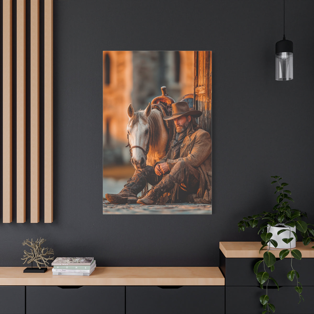 Cowboy Resting Beside His Horse Wall Art & Canvas Print