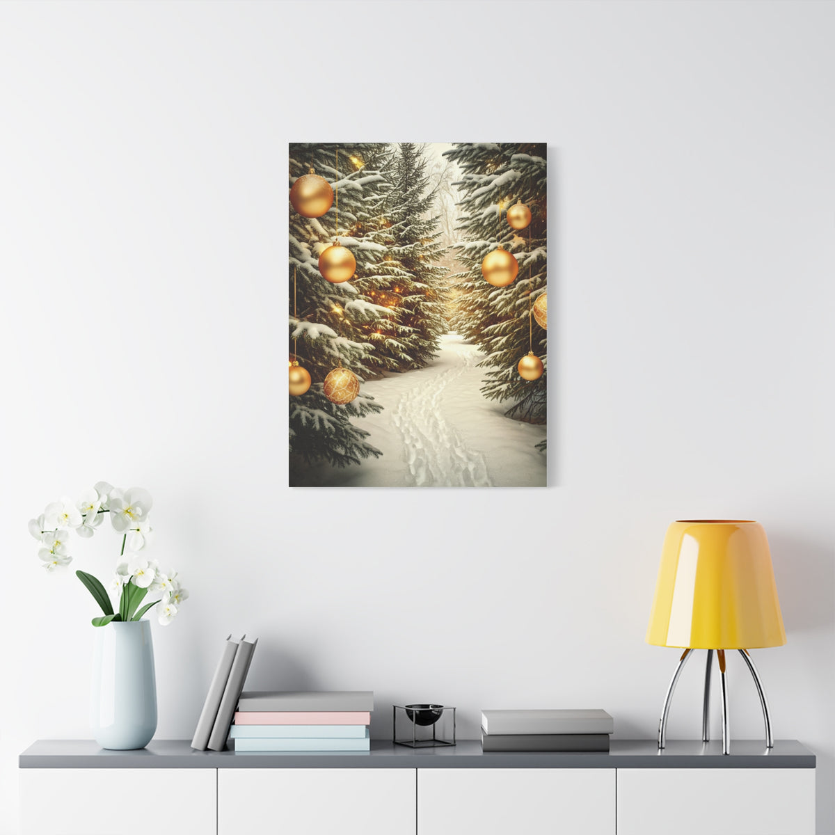 Snowy Pine Path With Golden Christmas Ornaments Wall Art & Canvas Print