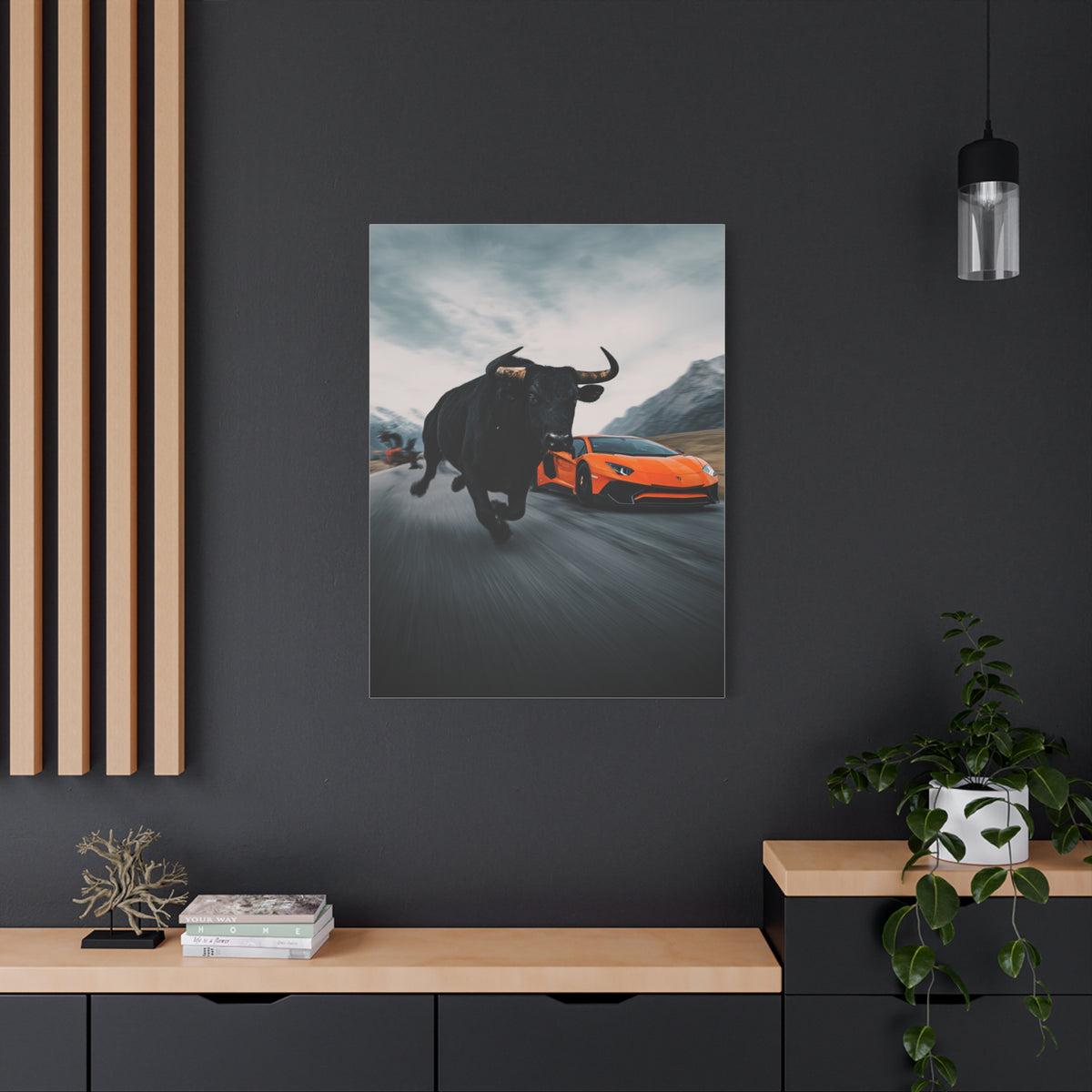 Charging Bull vs Lamborghini Aventador Power Duel Wall Art & Canvas Print