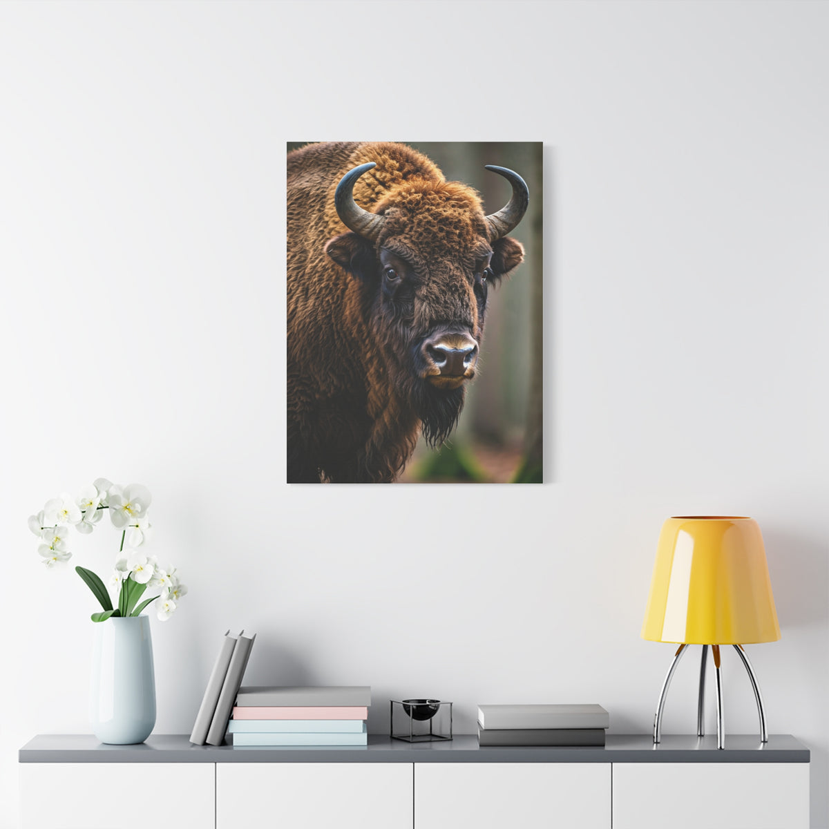 Wood Bison Close-Up with Soft Forest Backdrop Wall Art & Canvas Print