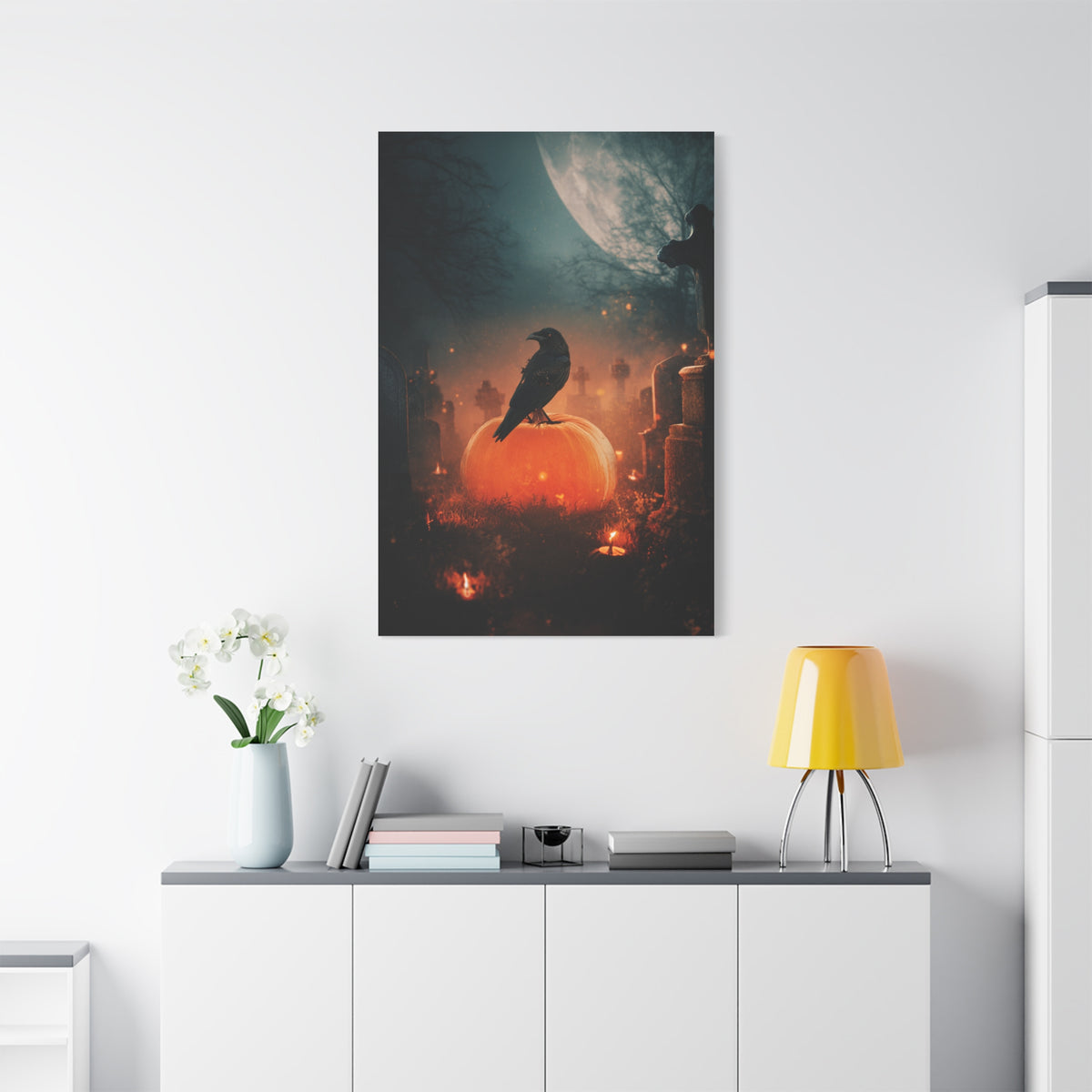 Crow on Pumpkin in Moonlit Graveyard Wall Art & Canvas Print