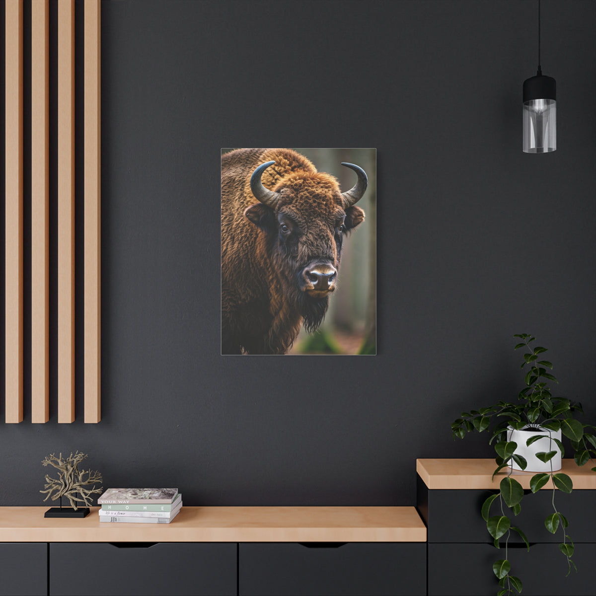Wood Bison Close-Up with Soft Forest Backdrop Wall Art & Canvas Print