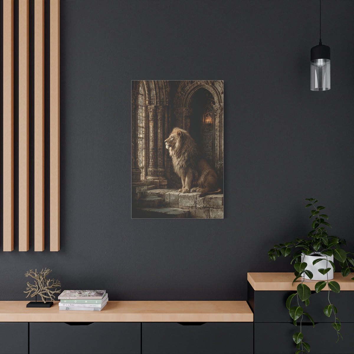 Lion in Ancient Stone Hall Royal Guardian Wall Art & Canvas Print