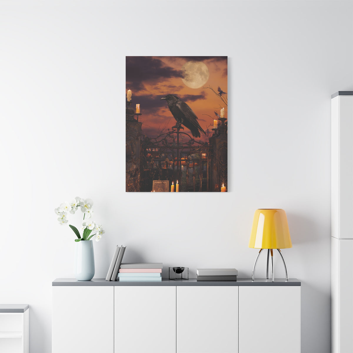 Raven on Moonlit Cemetery Gate Wall Art & Canvas Print