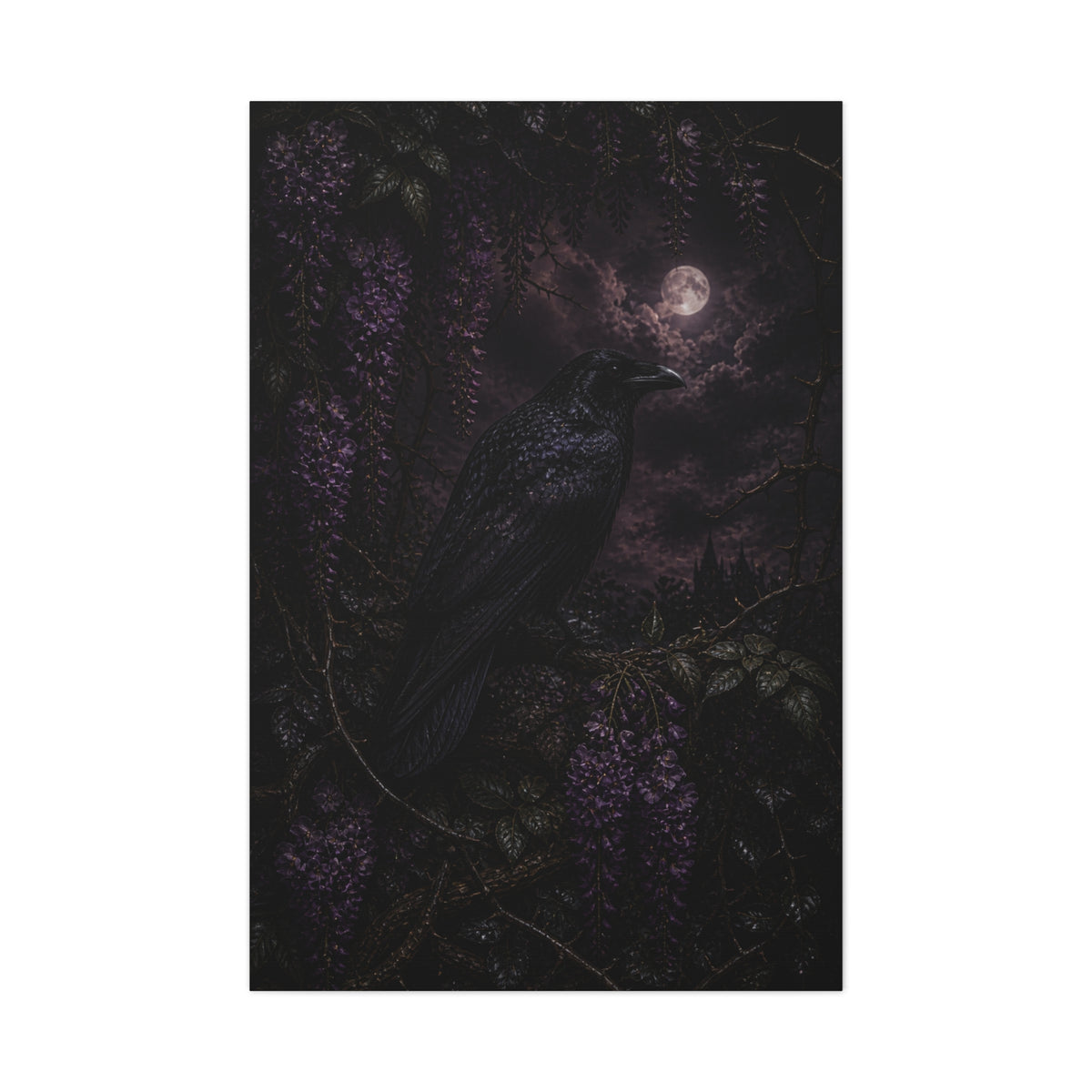Raven in Wisteria Moonlit Scene Wall Art & Canvas Print
