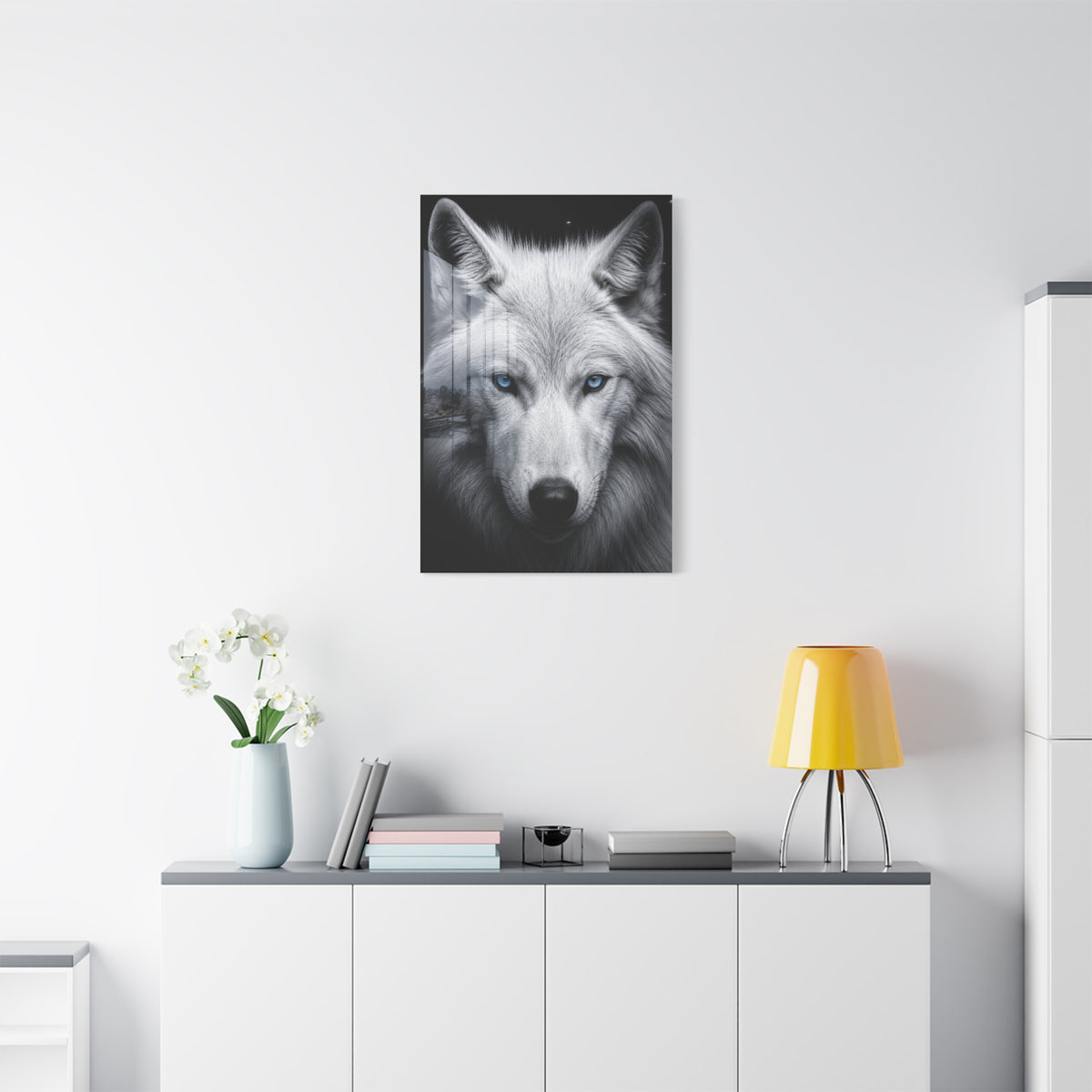 White Wolf Blue Eyes Monochrome Portrait Wall Art & Canvas Print
