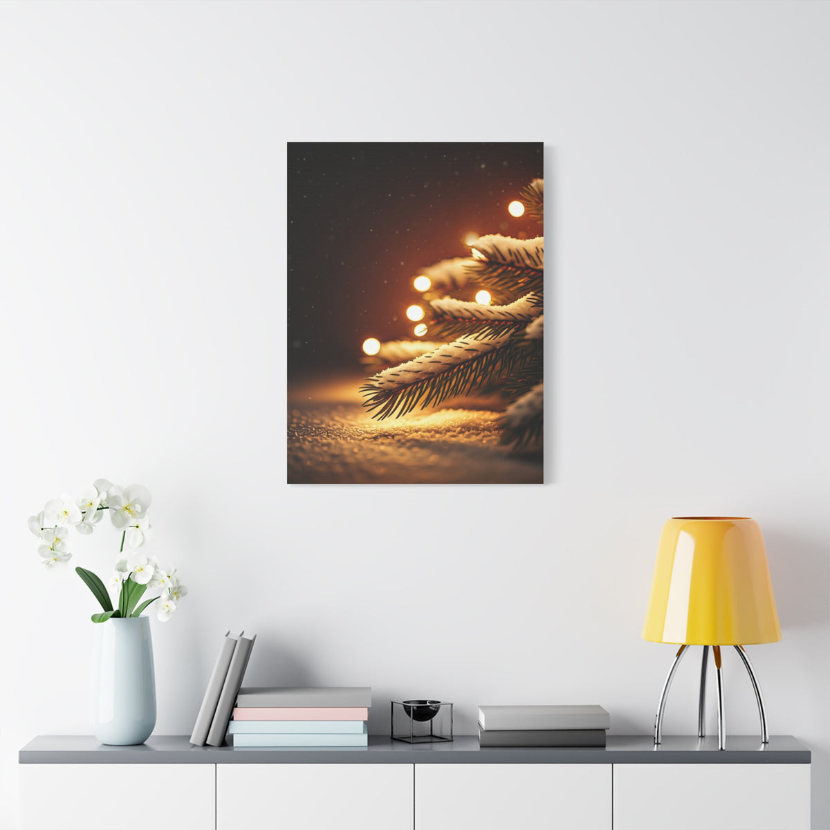 Snowy Pine Branch Fairy Lights Wall Art & Canvas Print