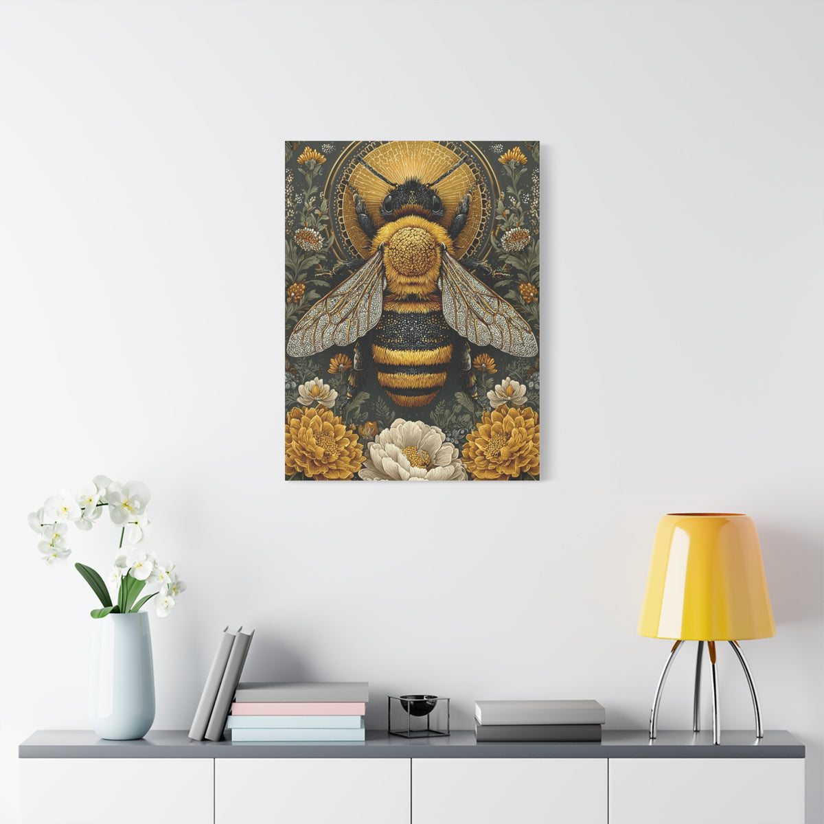 Honey Bee Botanical Folk Mandala Wall Art & Canvas Print