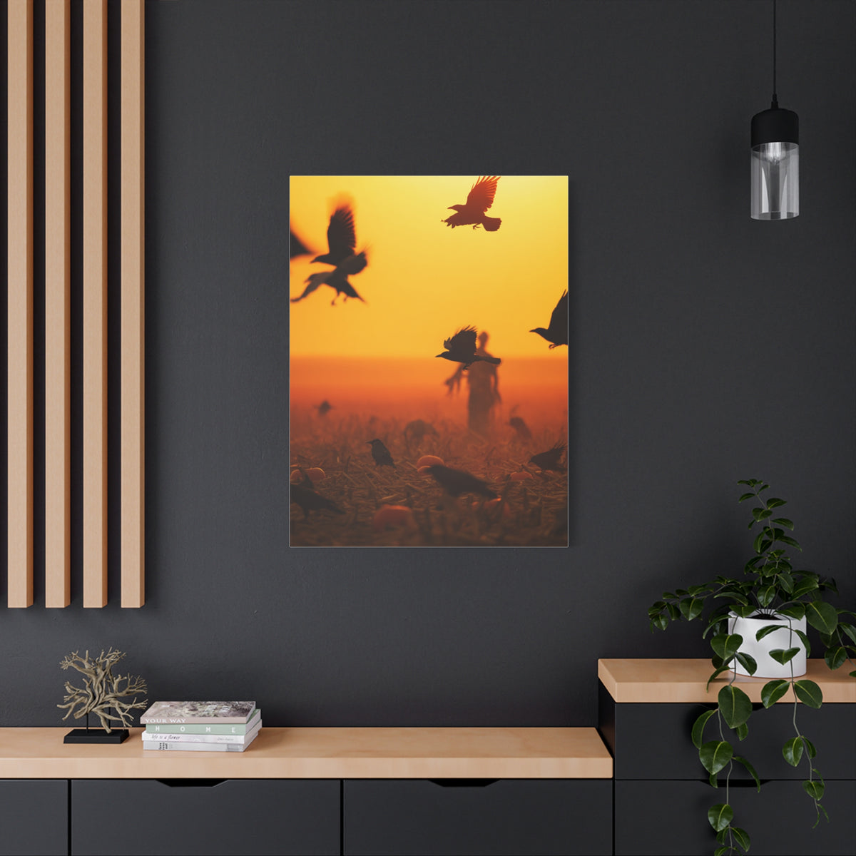 Crows Rising Over Pumpkin Field at Sunset Wall Art & Canvas Print
