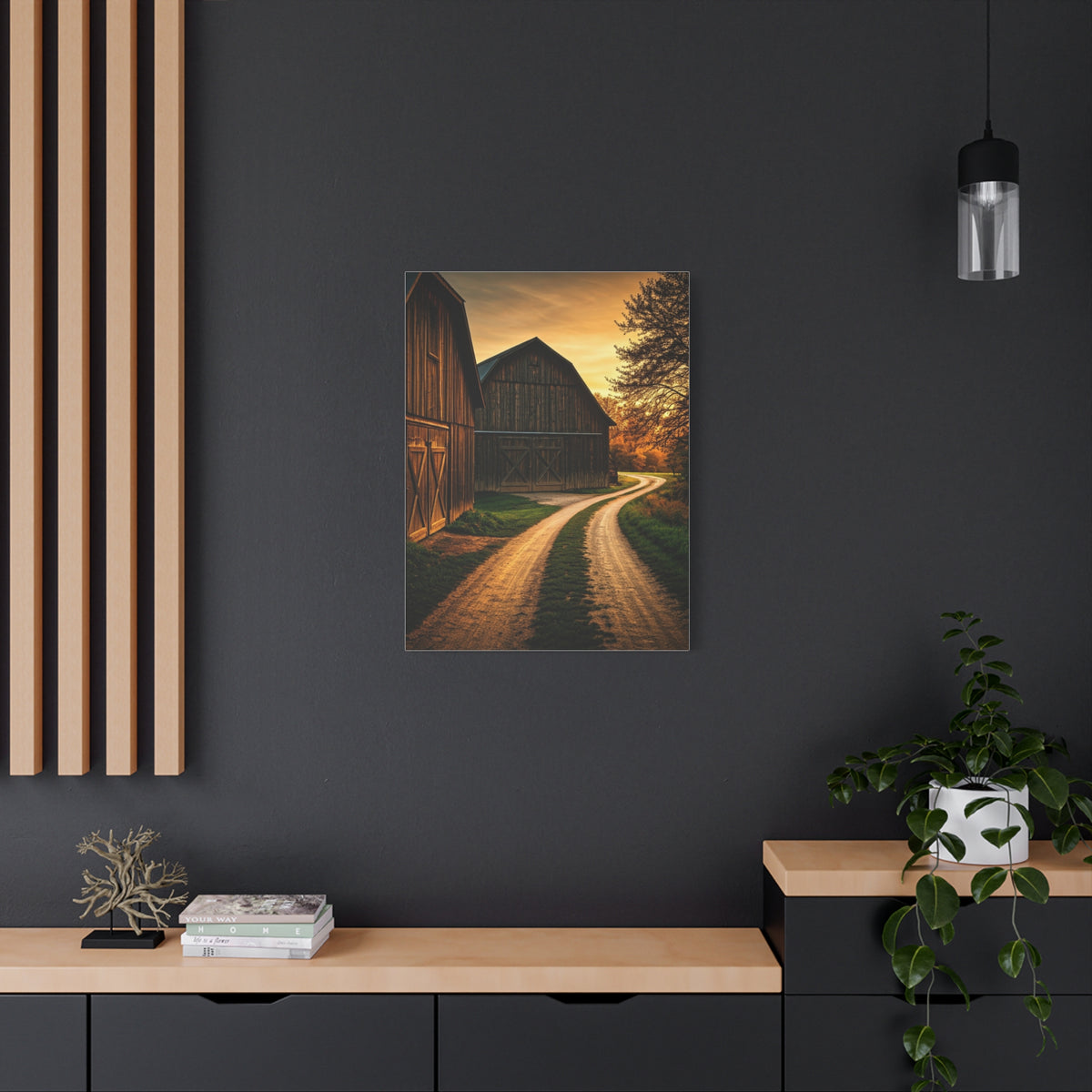 Country Road Between Rustic Barns at Golden Hour Wall Art & Canvas Prints