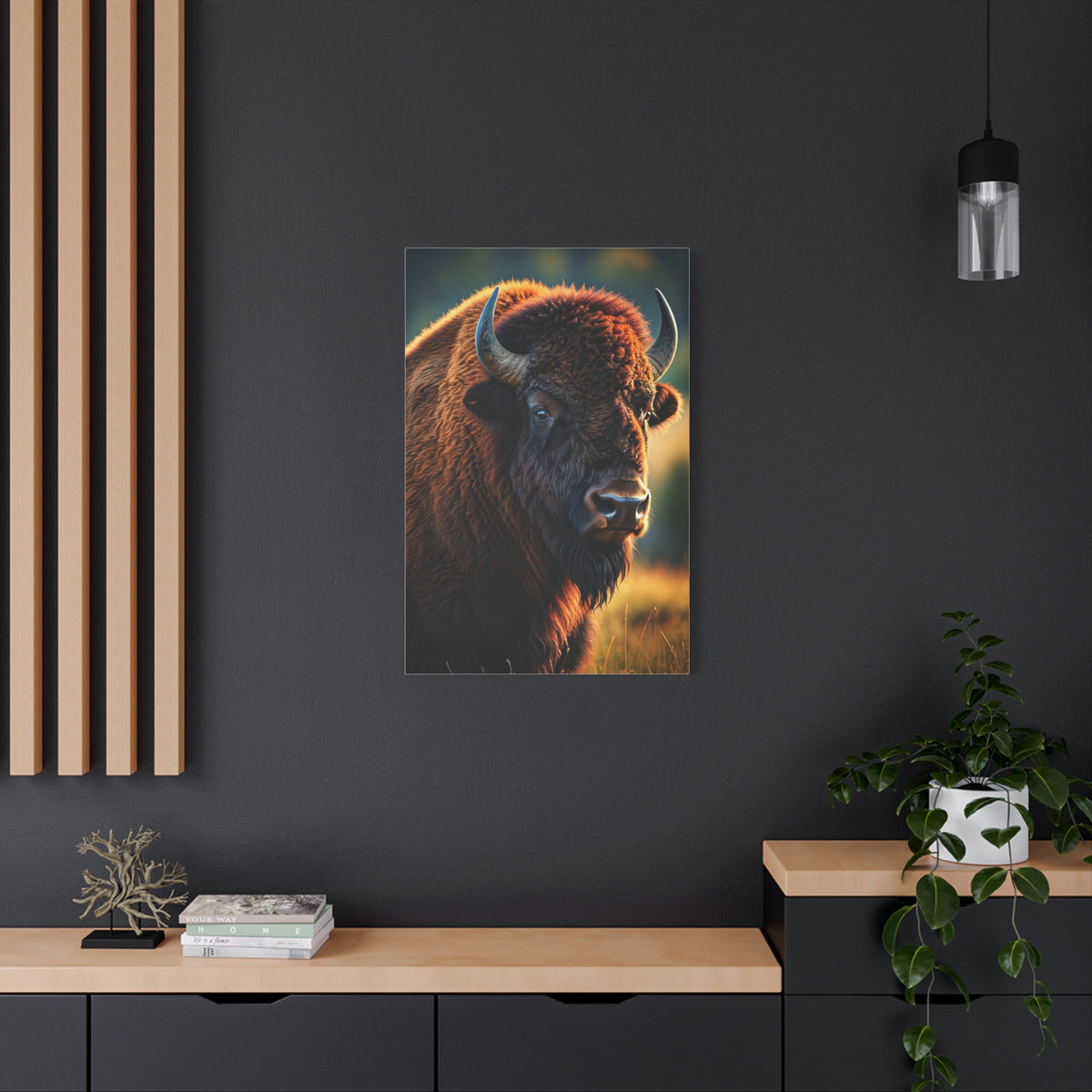 Golden Hour Bison Side Portrait with Warm Prairie Light Wall Art & Canvas Print