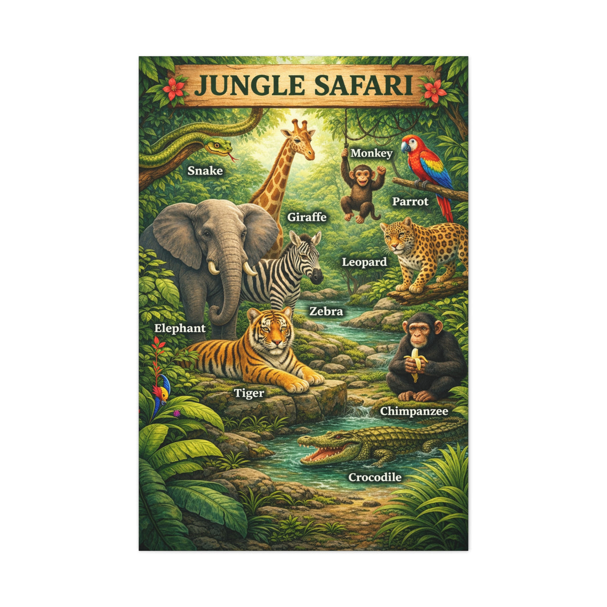 Jungle Safari Adventure Learning Poster Wall Art & Canvas Print