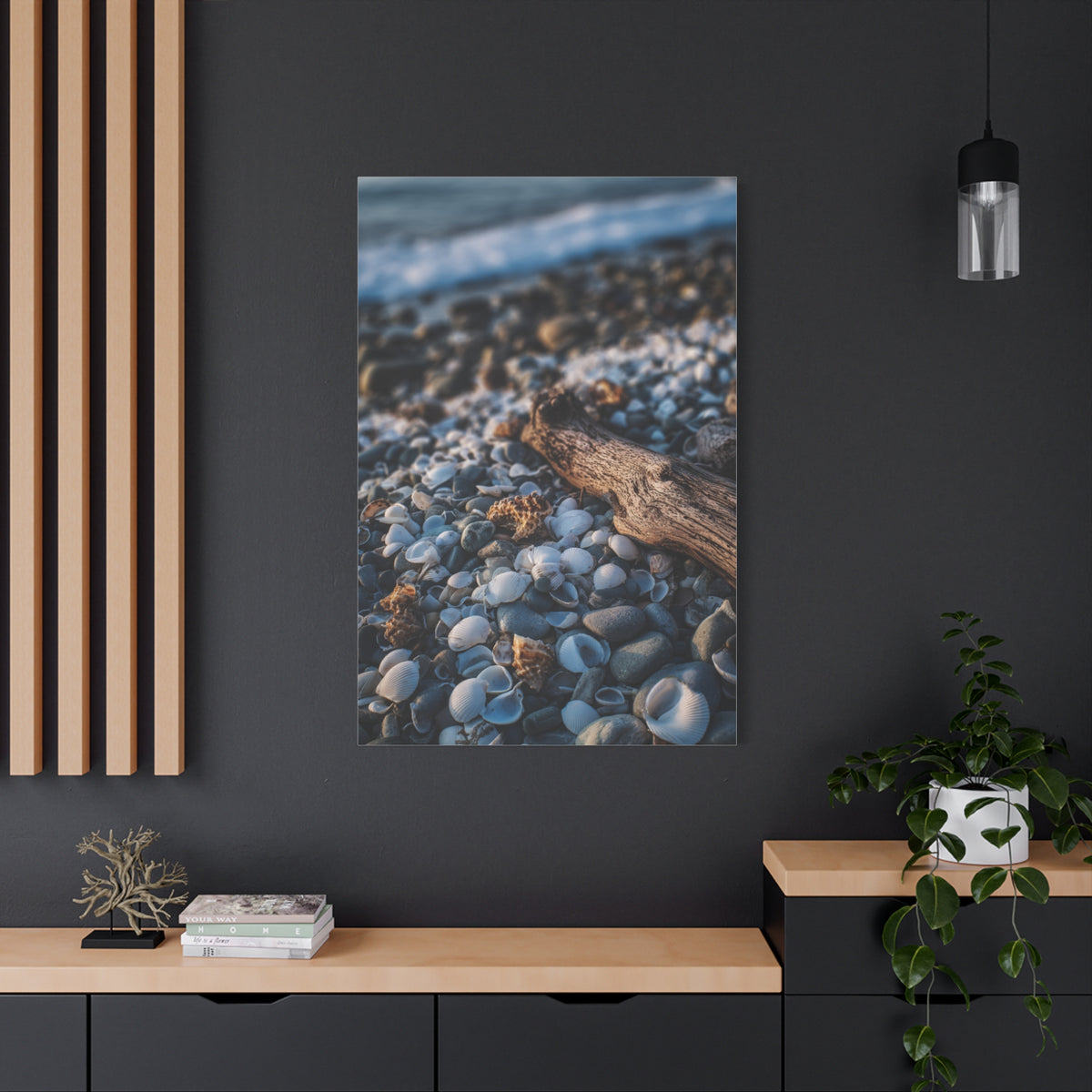 Rocky Shoreline with Seashells and Driftwood Wall Art & Canvas Print