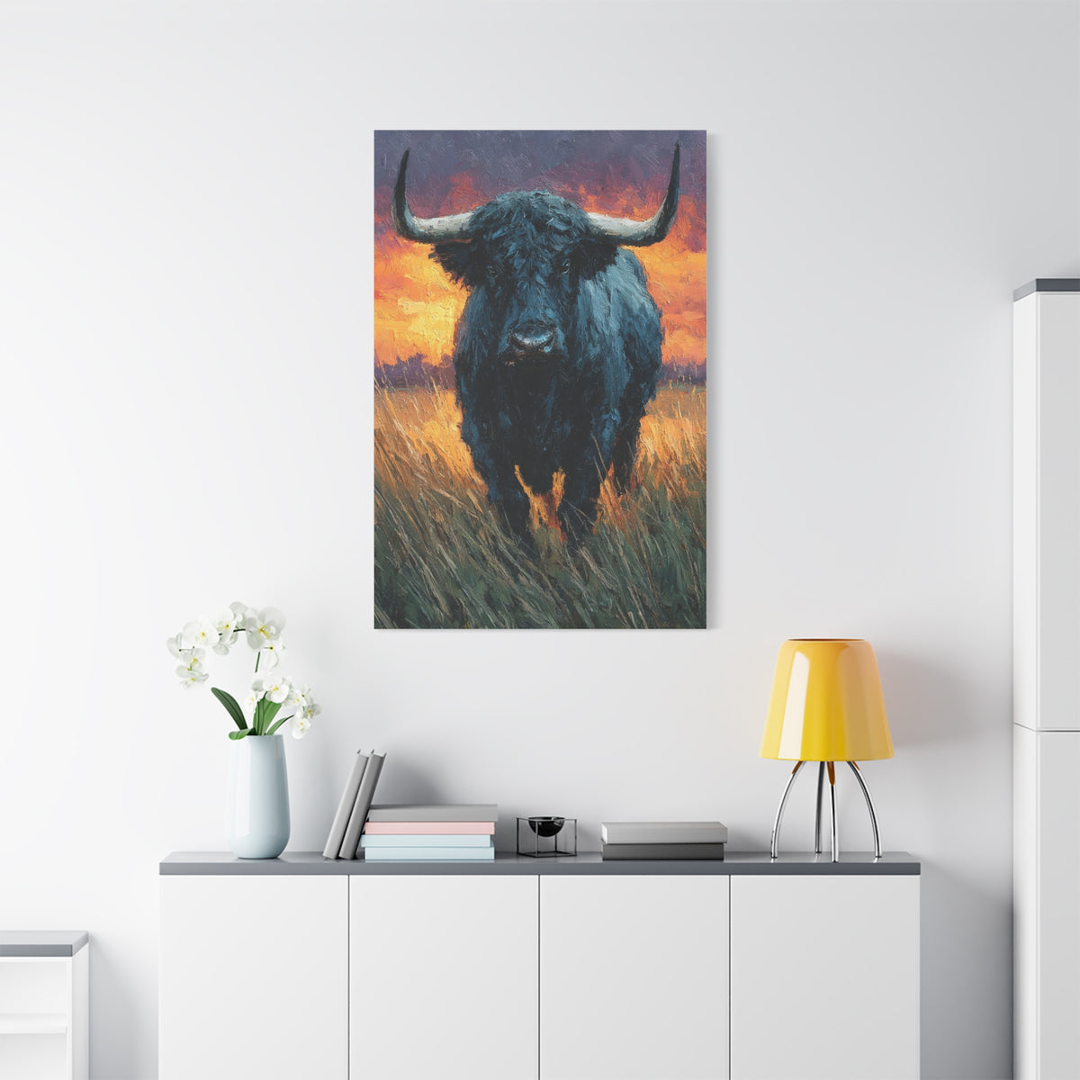 Majestic Bull at Sunset Oil Painting Wall Art & Canvas Print